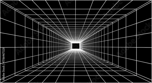 Perspective tunnel made of grid lines forming 3D illusion depth. Clean minimalist retro-futuristic style, black and white contrast.
