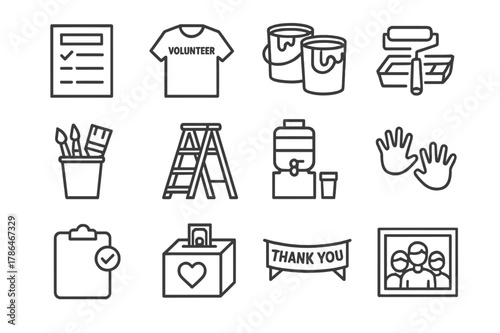 Community Painting Icons. Community Painting Day. Line icon set of Community Painting Day: sign up sheet, volunteer t shirt, paint buckets, roller trays, brush