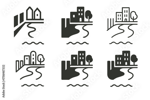 Urban Design Logos. Barriers and solutions in urban design. Set Logo of Barriers and solutions in urban design: riverfront transformed into public promenade.