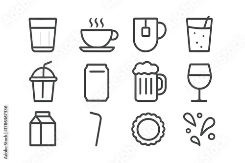 Beverage Icon Set. Beverage. Line icon set of Beverage: water glass, coffee cup, tea mug, juice glass, smoothie cup, soda can, beer mug, wine glass, milk