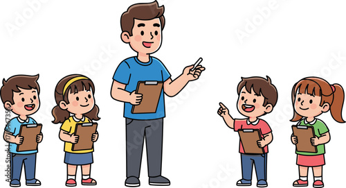 Teacher explaining lesson to happy school children holding clipboards during classroom activity or outdoor learning session