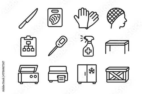 Seafood Process Icons. Seafood Processing and Handling. Line icon set of Seafood Processing and Handling: fillet knife, cutting board, protective gloves, hair