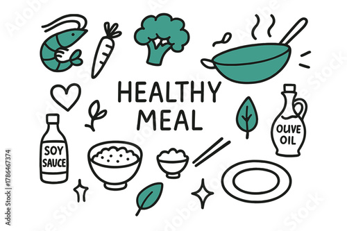Healthy Meal Doodles. // Healthy meal. Hand-drawn doodle illustration Healthy meal [shrimp (accented), broccoli (accented), carrot, wok (accented), soy sauce,