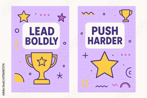 Lead Boldly Banners. Lead boldly. Two vertical A6 banners with safe margins, centered composition, no elements touching edges, memphis, purple and yellow,
