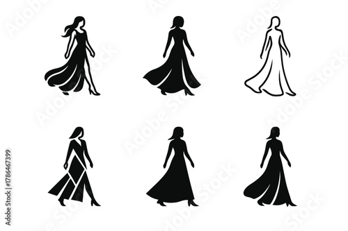 Stylish Womenswear Logos. Womenswear fashion. Icon set. Set Logo of Womenswear fashion: runway model walking with flowing gown. harmonious logo variations of