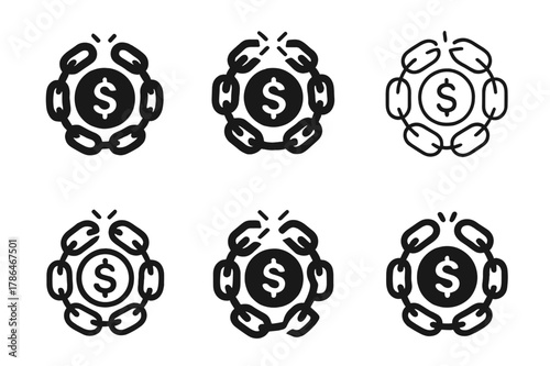 Debt-Free Emblem Variations. Paying off debts and credit obligations. Set Logo of debt-free life: broken chain around dollar. Icon set. harmonious logo