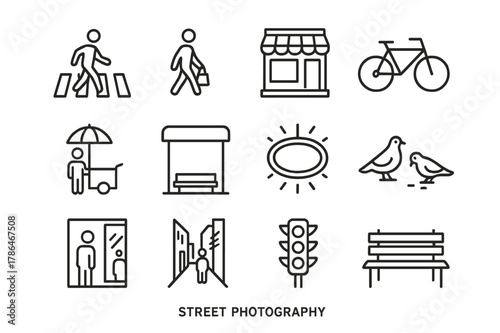 Urban Iconography Set. Street Photography. Line icon set of Street Photography: crosswalk, passerby, storefront, bicycle, street vendor, bus stop, neon sign,