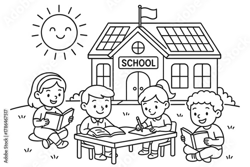 Solar School Illustration. Solar-powered school children?s coloring book illustration, outlined drawing, a school building with rooftop panels and children