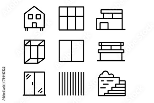Modern Architecture Icons. Modern Architecture. Line icon set of Modern Architecture: cube house, glass wall, flat roof, steel frame, large window, balcony,