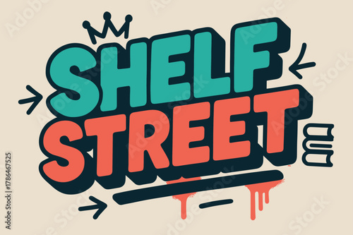 Graffiti Block Letters. Shelf Street ? Graffiti Simplified; thick bubble/block letters on a tilted baseline; flat spray fills with bold outline and a few clean