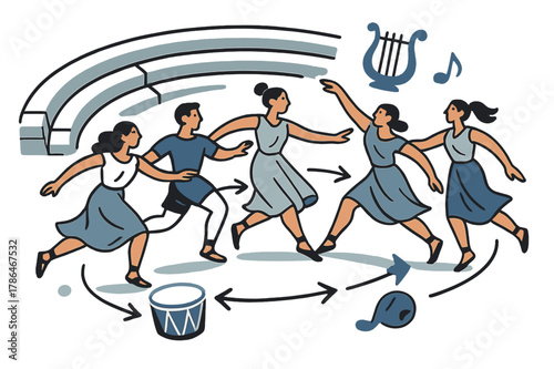 Dynamic Amphitheater Dance. Amphitheater ? Chorus in Motion. Dancers sweep in a semicircle; arrows trace their synchronized steps. Drums and lyre icons pulse