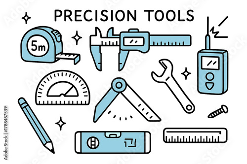 Precision Tools Illustration. // Precision tools. Hand-drawn doodle illustration Precision tools [tape measure (accented), caliper (accented), ruler