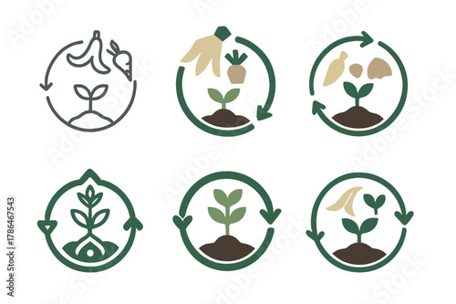 Composting Logo Variations. Composting and waste reduction methods. Set Logo of composting and waste reduction methods: kitchen scraps to soil cycle. Icon set.
