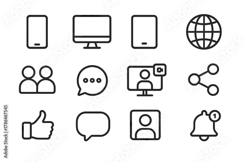 Social Media Icons. The impact of social media on friendships. Line icon set of The impact of social media on friendships: phone, computer, tablet, social