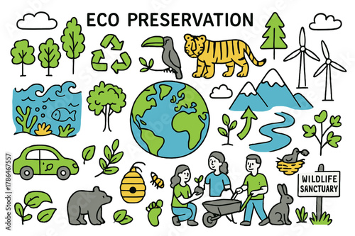 Eco-Friendly Exploration. Eco preservation. Hand-drawn doodle illustration Earth globe (colored), trees (colored), recycling symbols (colored), endangered