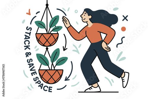 Elegant Plant Hanger. Double-tier hanger for two plants. A second cradle drops elegantly beneath the first; arrows show weight balance. ?Stack & save space?