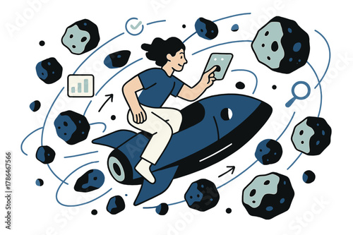 Spacecraft in Asteroid Belt. Asteroid belt studies. Spacecraft navigating through asteroid belt with abstract floating orbit lines and asteroids; emphasizes