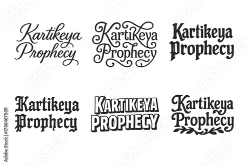 Kartikeya Lettering Variations. Karitkeya Prophecy. Set lettering. harmonious lettering variations of the same emblematic concept, each with different artistic