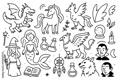 Fantasy Creature Doodles. Hand-drawn doodle illustration, Fantasy creatures Hand-drawn doodle illustration Fantasy creatures dragons, unicorns, mermaids,