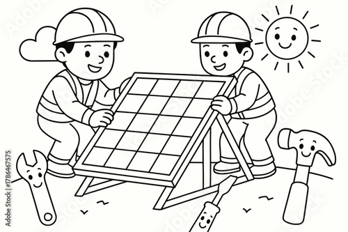 Solar Installation Coloring Book. Installing solar panels safely children?s coloring book illustration, outlined drawing, two workers wearing helmets securing