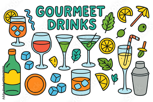 Colorful Drink Doodle. gourmet drinks. Colorful Hand-drawn doodle Children illustration gourmet drinks cocktail glass, wine glass, martini, whiskey glass,