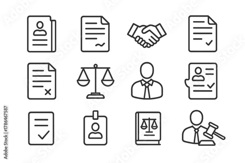 Employment Law Icons. Employment Law. Line icon set of Employment Law: employee file, contract document, handshake, job offer paper, termination notice,