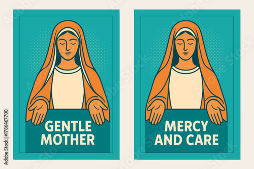 Mother of Mercy Banners. Mother of Mercy. Two vertical A6 banners with safe margins, centered composition, no elements touching edges, modern, turquoise and
