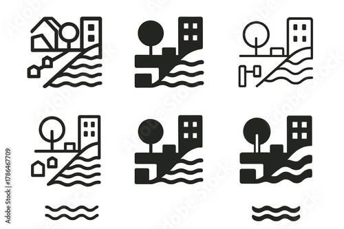 Urban Design Logos. Barriers and solutions in urban design. Set Logo of Barriers and solutions in urban design: riverfront transformed into public promenade.