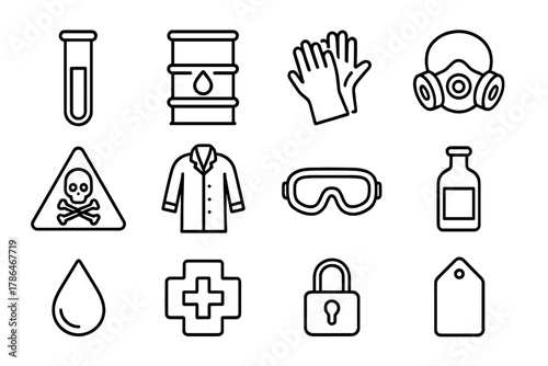 Chemical Safety Icons. Chemical safety. Line outline icon set of chemical safety: test tube, chemical barrel,