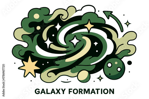 Dynamic Galaxy Illustration. Galaxy formation. Clouds of glowing gas and stars spiraling under gravitational