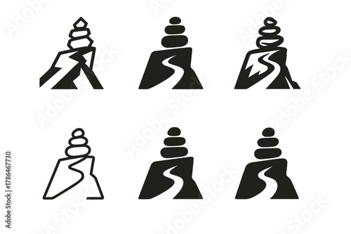 Trekking Logo Variations. Trekking in remote and unexplored areas. Set Logo of Trekking in remote and unexplored areas: cairn marker on cliff path. Icon set.
