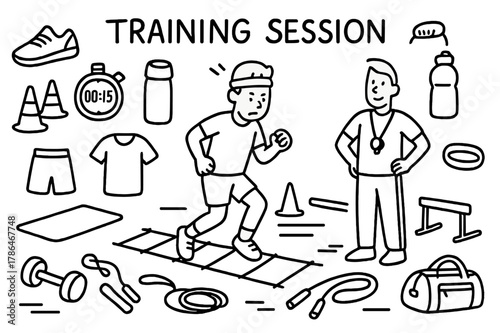 Fitness Training Doodle. Training Session. Hand-drawn doodle illustration Training Session person running through agility ladder, cones, sneakers, stopwatch,