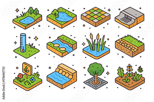 Water-Sensitive Design Icons. Water-sensitive urban design. Colorful isometric vector icons set of Water-sensitive urban design: bioswale, retention pond,