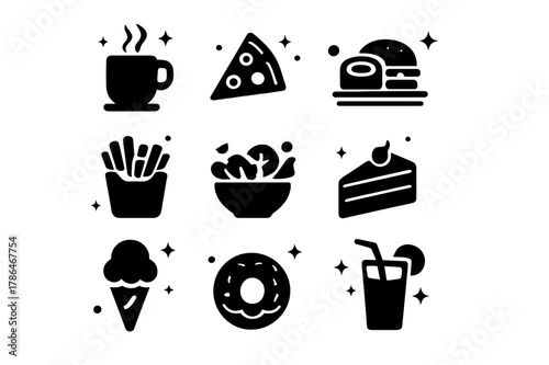 Iconic Food Grid. Food and Beverage. Solid icons set of food and beverage: coffee, pizza, sushi, burger, fries, salad, sandwich, cake, ice cream, donut,