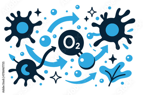 Oxygen in Cellular Respiration. Oxygen. Oxygen molecule interacting with human cells; abstract floating arrows, bubbles, and sparkles highlight cellular