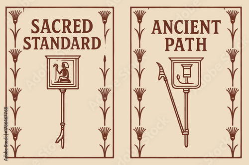 Ancient Egyptian Banners. Ancient Standard. Two vertical A6 banners with safe margins, centered composition, no elements touching edges, retro, maroon and