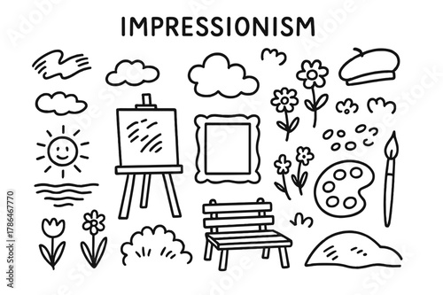 Impressionist Sketches Collection. Impressionism. Hand-drawn doodle illustration impressionism paint strokes, soft clouds, flowers, palette, beret, easel,