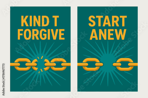 Kindness and Renewal Banners. Forgiveness. Two vertical A6 banners with safe margins, centered composition, no elements touching edges, modern, teal and
