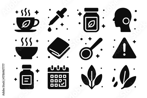 Sage Wellness Icons. Medicinal and wellness uses of sage. Solid icons set of Medicinal and wellness uses of sage: herbal tea cup, tincture dropper, infusion