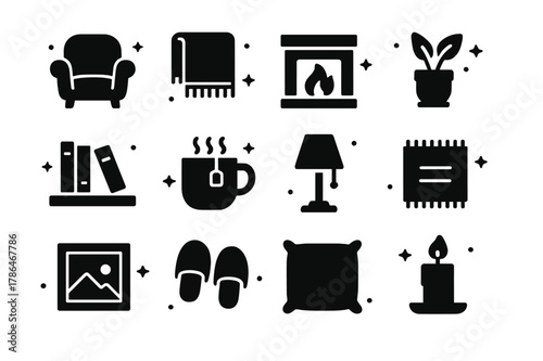 Cozy Home Icons. Homey. Solid icons set of Homey: cozy armchair, throw blanket, fireplace, house plant, bookshelf, mug of tea, table lamp, rug, picture frame,
