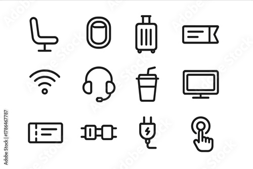 Passenger Icon Set. Passenger experience. Line outline icon set of passenger experience: seat, window view,