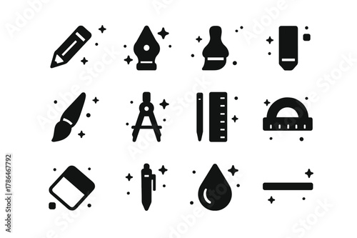Drawing Tools Icons. Drawing Tools. Solid icons set of Drawing Tools: pencil, pen nib, brush tip, charcoal stick, blending stump, compass, ruler, protractor,