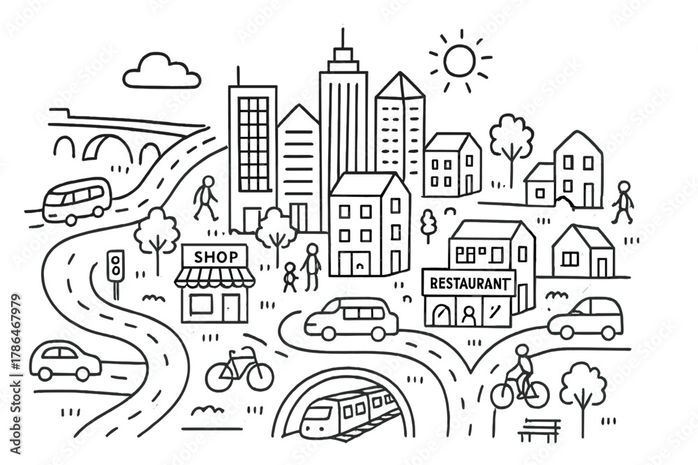 Naklejka premium Cityscape Doodle Illustration. City. Hand-drawn doodle illustration City skyscrapers, cars, buses, bicycles, pedestrians, roads, traffic lights, buildings,