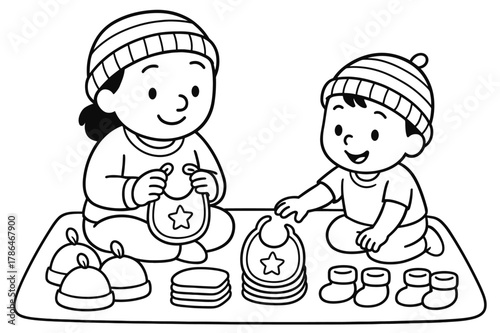 Organizing Baby Clothes. Sorting baby outfits children?s coloring book illustration, outlined drawing, a parent and child matching baby hats, bibs, and booties