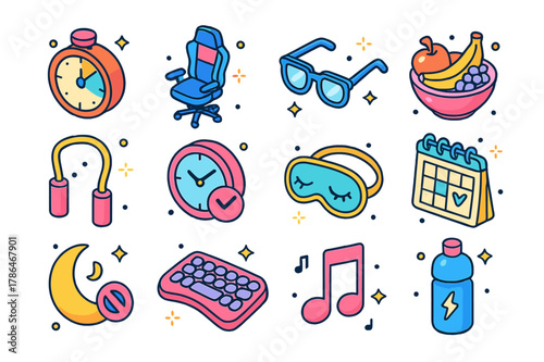 Healthy Gaming Icons. Healthy gaming habits. Colorful isometric vector icons set of Healthy gaming habits: screen time timer, ergonomic posture chair, blue