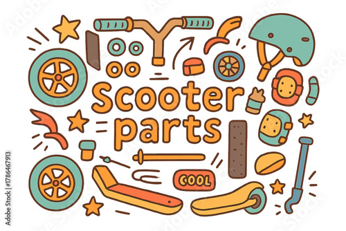 Colorful Scooter Parts Doodle. Scooter parts. Hand-drawn doodle illustration of Scooter parts. Wheels,
