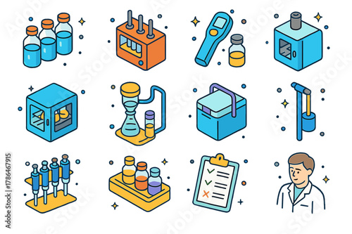 Wastewater Testing Icons. Wastewater laboratory testing. Colorful isometric vector icons set of Wastewater laboratory testing: BOD bottles, COD reactor,