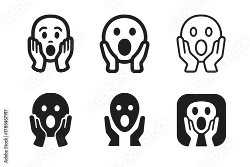 Frightened Expression Logos. Frightened expression. Set Logo of Frightened expression: hands-on-cheeks gasp. harmonious logo variations of the same emblematic