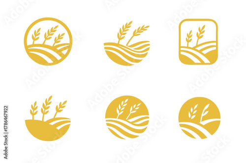 Golden Wheat Logo Variations. A field of golden wheat swaying in the breeze. Set Logo of a field of golden wheat swaying in the breeze: rolling wheat waves
