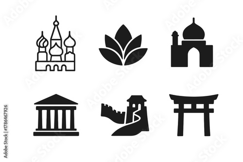 Eurasian Landmarks Logos. Eurasia. Set Logo of Cultural Landmarks: Minimal outline, Abstract geometric, Negative space, Flat solid, Symmetrical form, Iconic